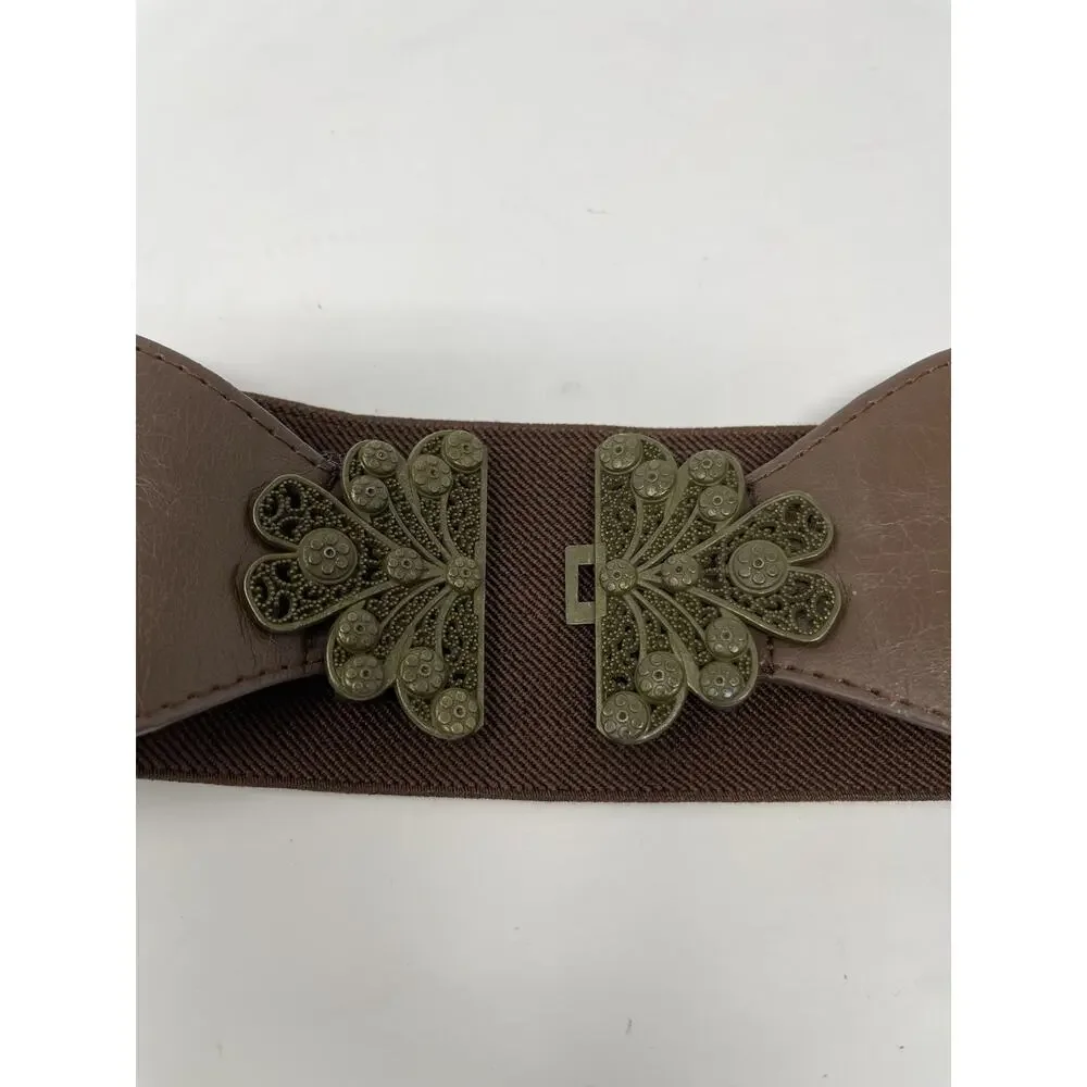 Women's Small Wide Stretch Belt‎ Boho Style Bronz Metal Leaf Clasp